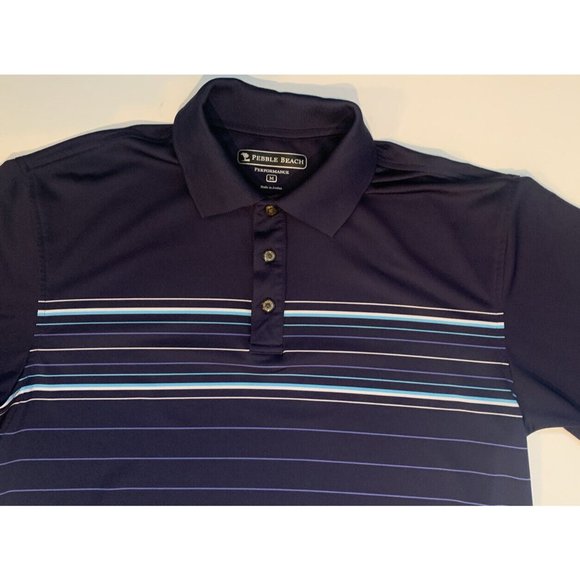Pebble Beach Performance Men's Golf Polo Size M Navy Blue Striped Short Sleeve - Picture 2 of 10